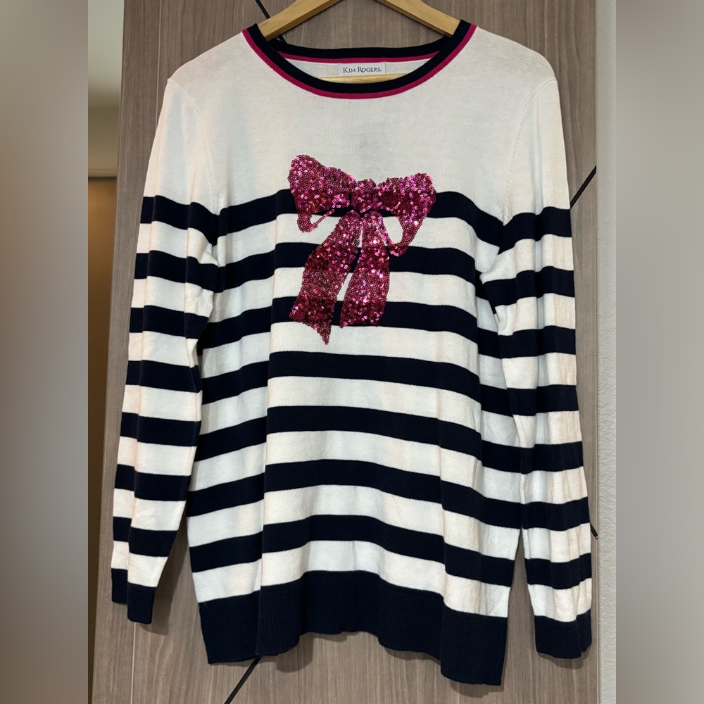 Kim Rogers Navy and White Striped Sweater with Pink Sequin Bow